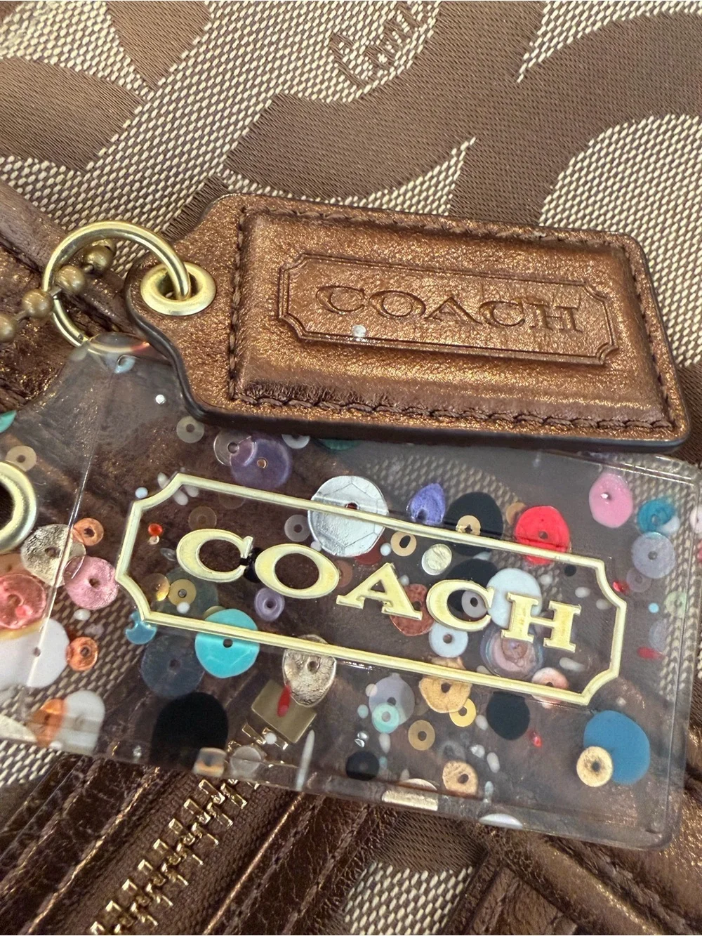 Coach Logo Tote Bag Brown/Beige Zip Closure w/ Charm, Inner & Outer Pockets